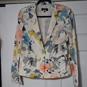 Jones Wear White Blazer with Blue, Coral, Yellow & Gray Abstract Print Sz 10 $35